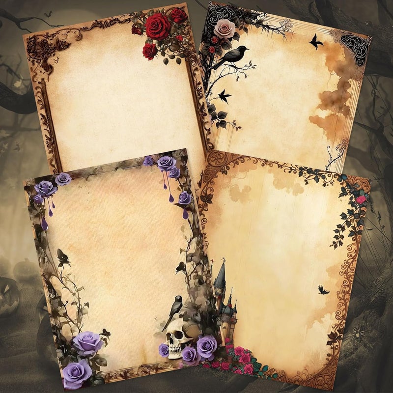 Whaline 60 Sheet Halloween Stationery Paper 4 Gothic Style Border Letterhead Vintage Skull Rose Castle Writing Paper for Invitation Office Printing, 8.5 x 11 Inch, Double-Sided - Image 1